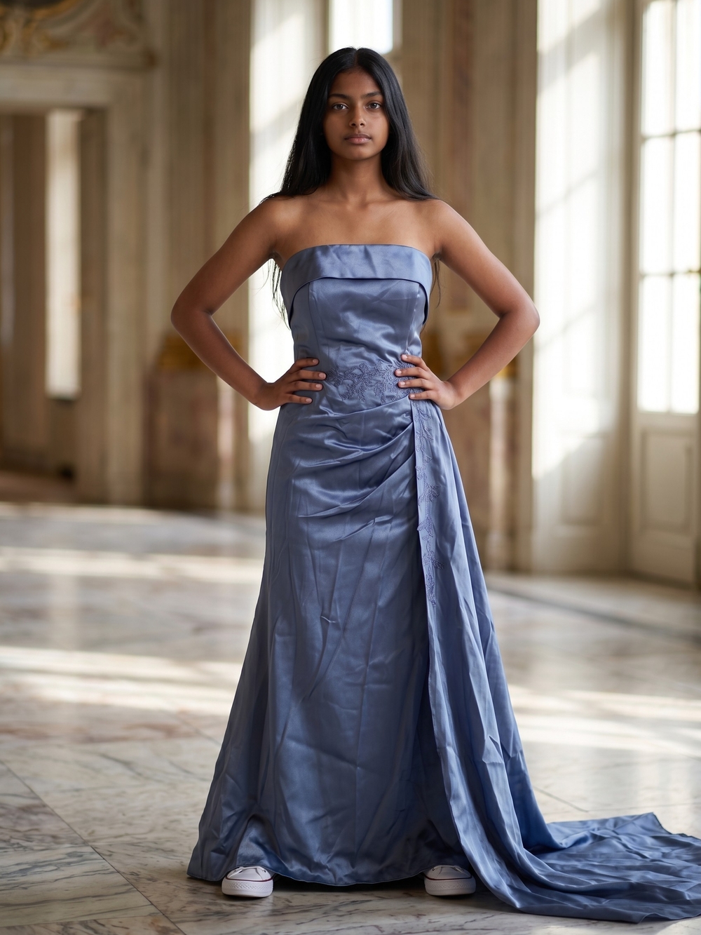 Elegant Navy Satin Strapless Evening Gown with Lace Appliqué